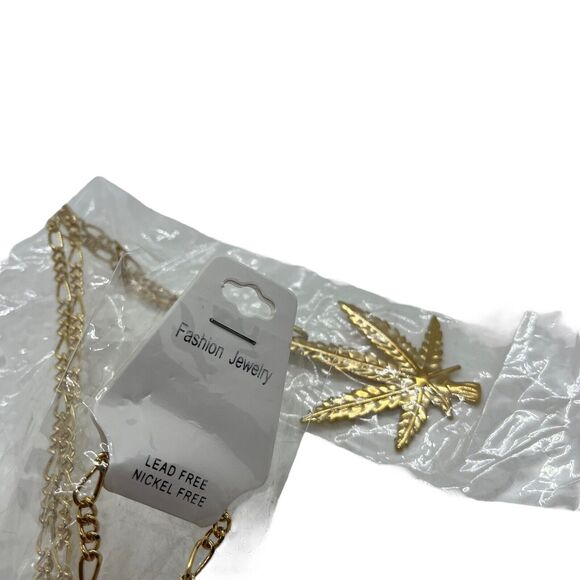 Marijuana Leaf Necklace Ganja Weed Pot Pendant Gold Tone 30" Chain Bling Bling - Picture 4 of 12